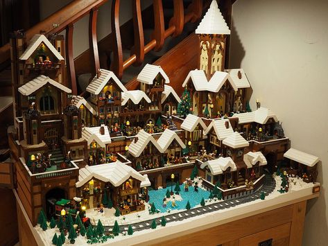 Lego Christmas Village - Full View | Lego Christmas Holiday … | Flickr Lego Christmas Village Display, Christmas Village Display Ideas, Village Display Ideas, Lego Christmas Village, Harry Potter Advent Calendar, Lego Winter Village, Lego Village, Lego Winter, Construction Lego