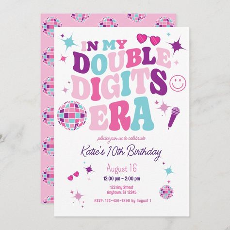 In My Double Digits Era Birthday Invitation Editable Blank Double Digit Era Birthday, Double Digits Era Party, Double Digit Birthday Ideas Daughters, In My Birthday Era, Double Digits Birthday Ideas, Double Digit Birthday Ideas, Iridescent Birthday, Swiftie Birthday, Charlie Bucket