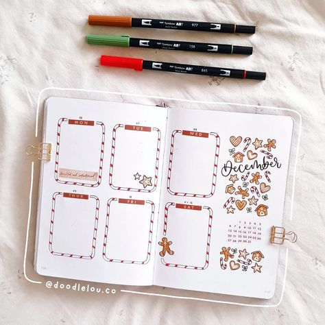 l o u i s e » bullet journal on Instagram: “🍬 My first full weekly spread of December! Everyone's December themes are making me so happy ngl ~ me and my sister went on a drive the…” December Weekly Spread Bullet Journal, Christmas Bujo Spread, December Bujo, December Themes, Bullet Journal Lettering, December Weekly Spread, Journal December, Bullet Journal Christmas, Bullet Journal Weekly Layout