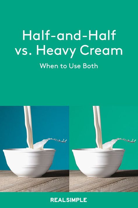 Half-and-Half vs. Heavy Cream: When to Use Both | These dairy staples aren't interchangeable, so knowing when to use each ingredient can make or break your recipe.  Here, we break down the qualities of half-and-half and heavy cream, and how to cook with each.  #cookingtips #dairy #realsimple How To Make Heavy Cream From Half And Half, Can You Use Half And Half Instead Of Heavy Cream, How To Make Half And Half, Recipes Using Half And Half Cream, What Is Half And Half, Things To Make With Heavy Whipping Cream, Half And Half Substitute, Heavy Cream Recipes, Heavy Cream Substitute