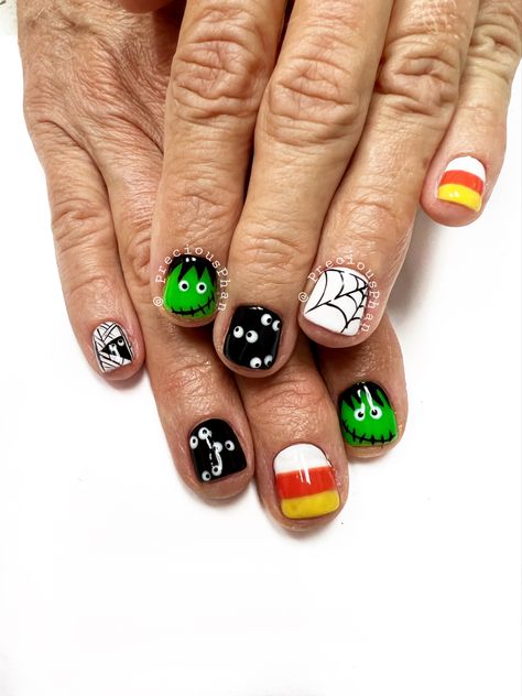 Halloween Nails Mummies, Candy Corn Halloween Nails, Frankenstein Nails Halloween, Halloween Nails For Girls Kids, Candy Corn Nails Halloween, Candy Corn Nail Designs, Halloween Nails Frankenstein, Frankenstein Nail Art