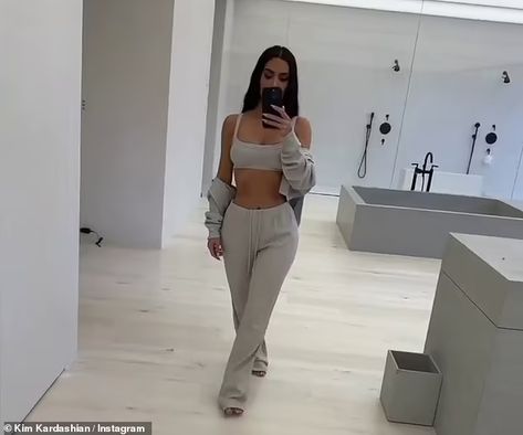 Kim Kardashian slips back into comfy SKIMS loungewear for selfie shoot in her HUGE bathroom... after being the belle of the ball at 43rd birthday party | Daily Mail Online Skims Kim Kardashian Pajamas, Daisy Wolanski, Huge Bathroom, 43rd Birthday, Kim K, Kardashian Style, Kim Kardashian, Daily Mail, The Weekend