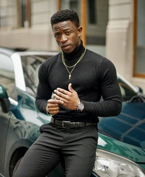 Turtle Neck Prom Outfit Men, All Black Turtleneck Outfit Men Prom, Black Turtle Neck Outfit Men Casual, Black Men Turtleneck Outfits, Turtle Neck Outfit Black Men, Black Suit With Black Turtleneck Men, Black Turtleneck Outfit Men, Black Man Turtleneck Outfits, Men In Turtlenecks