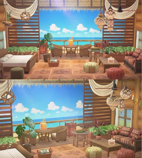 Animal Crossing Hawaiian Design, Tropical Houses Interior, Acnh Layout, Tropical Room Ideas, Acnh Idea, Acnh Hhp, Hawaiian House, Acnh House, Cottagecore Animal Crossing