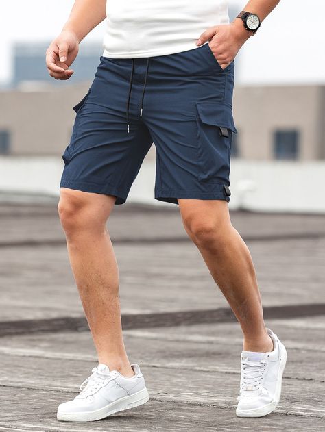 Navy Blue Casual Collar  Polyester Plain Bermuda Embellished Non-Stretch Summer Men Bottoms How To Wear Shirt, Mens Shorts Outfits, Pants Outfit Men, Mens Casual Outfits Summer, Bermuda Short, Mens Cargo, Cargo Shorts Men, Shorts Cargo, Shorts Casual