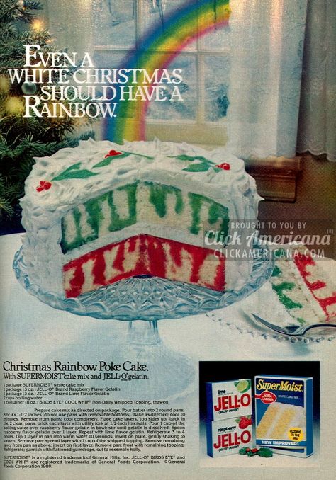 Christmas Rainbow Poke cake (1980) Rainbow Poke Cake, Poke Cake Jello, Jello Cake, Christmas Rainbow, Poke Cake Recipes, Handwritten Recipes, Poke Cakes, Rainbows Christmas, Monkey Bread