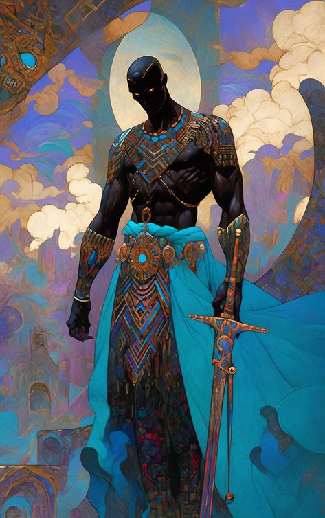 African Swordsman Art, Futuristic African Warrior, African Superhero Art, Afrofuturism Character Design, Black God Art, African Character Design, African Warrior Art, African Fantasy Art, African Gods