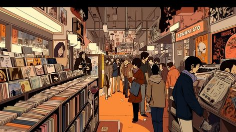 Record Store Drawing, Record Store Illustration, Busy City Illustration, Busy Street Drawing, Vinyl Record Shop, Japanese City, Street Music, Macbook Desktop, Anime City