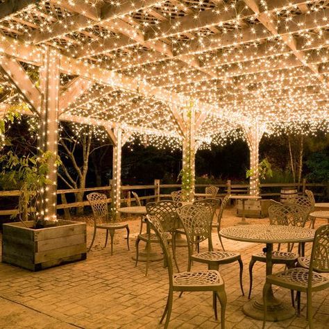 17 Ways to Light Up Your Pergola - Christmas Designers Pergola Lighting, Outdoor Stairs, Brick Pavers, Icicle Lights, Sparkling Lights, Led Fairy Lights, Viria, Solar Powered Lights, Solar String Lights