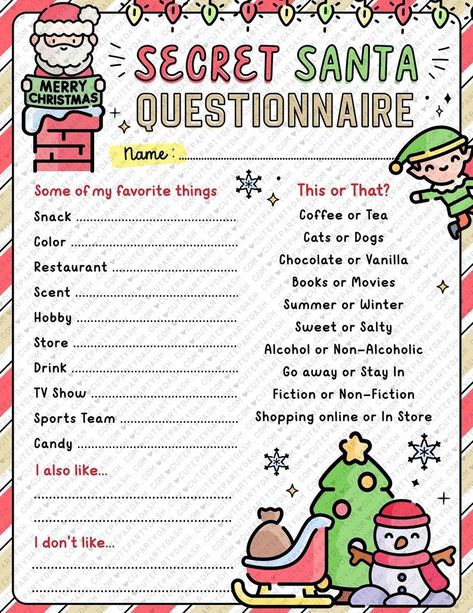 Christmas Secret Santa Questionnaire Printable Secret Santa - Etsy Secret Santa Template Free Printable, Secret Santa Questionnaire For Family, Christmas Gift Questionnaire, Secret Santa Questionnaire For Coworkers, Secret Santa Rules, Secret Santa Questionnaire Printable, Secret Santa Questions, Secret Santa Templates, Secret Santa Form