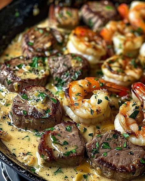 Old Fashion Recipes | Steak and Seafood Skillet with Garlic Parmesan Cream Sauce 🥩🍤🧄🧀 | Facebook Seafood Skillet, Shrimp Skillet Recipes, Garlic Parmesan Cream Sauce, Beef Tip Recipes, Recipes Steak, Parmesan Cream Sauce, Steak And Shrimp, Easy Steak, Shrimp Dinner