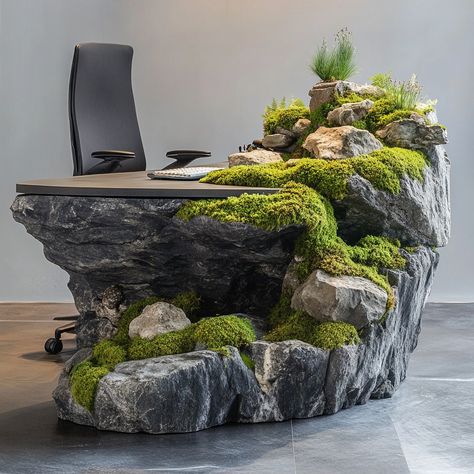 This moss-covered rock office desk blends natural beauty with functional design. The surface is made from a smooth, polished stone, carefully selected for its organic texture, and adorned with a live moss layer that creates a serene, earthy ambiance. The moss adds a soft, tactile contrast to the rock’s solid structure, evoking a tranquil forest floor. Perfect for those who want to bring the outdoors into their workspace, this desk is not only a statement piece but also a reminder of nature’s ... Stone Furniture Design, Moss Sculpture, Stone Arch Bridge Minneapolis, Stone Arch Bridge, Rock Floor, Aquascape Design, Air Mancur, Moss Decor, Moss Covered