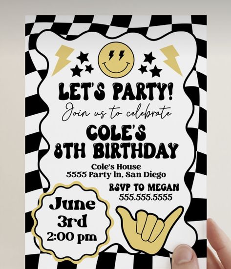 Checker Party Theme, Rad Party Theme, Theme Party Invitations Ideas, 10 Birthday Theme Ideas, Checkerboard Birthday Party, Boy 9th Birthday Party Themes, Checkered Theme Party, Rad Birthday Theme, Two Rad Birthday Party Boy