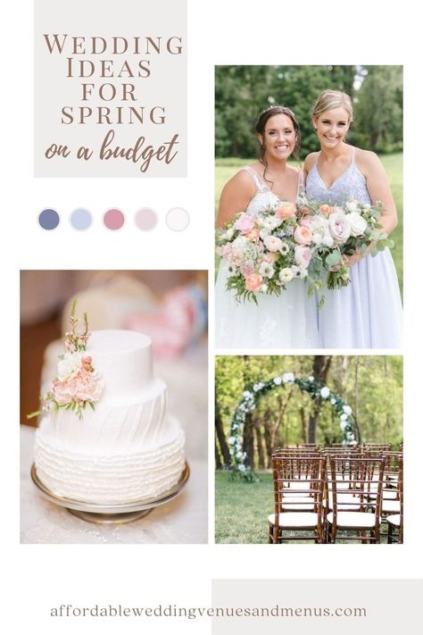 Photo collage of a bride and bridesmaid posing, a white wedding cake with pink flowers and an outdoor wedding ceremony set up with a white flowered arch. Spring Reception Ideas, Wedding Reception Brunch, April Wedding Ideas, Spring Wedding Table Decor, Wedding Ideas For Spring, Easter Wedding Ideas, Spring Time Wedding, Spring Wedding Bridesmaids, Spring Wedding Reception