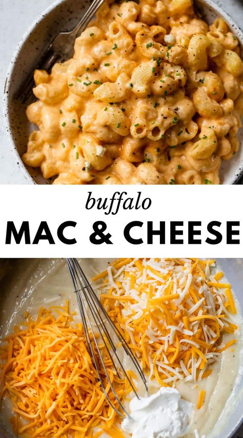 Crave-worthy comfort food doesn’t get much better than this 30-minute Buffalo Mac and Cheese recipe. A little spicy, ultra-creamy, and oh-so-cheesy, it’s a one-skillet dinner that delivers everything you love about classic buffalo chicken dip. Creamy Buffalo Chicken Mac And Cheese, Mac And Cheese Buffalo Chicken, Mac And Cheese Recipe Spicy, Buffalo Chicken Mac And Cheese Baked, Buffalo Mac And Cheese Recipe, Buffalo Chicken Mac N Cheese, Buffalo Chicken Macaroni And Cheese, Buffalo Mac N Cheese Recipe, Game Time Food