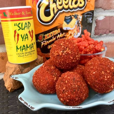 Slap Ya Mama on Instagram: “FLAMIN’ fun Friday! Check out these Flamin’ Hot Cheetos Boudin Balls’! Use the link in bio for this spicy recipe! 🌶🔥🌶#slapyamama #flaminhot…” Fried Boudin Balls Recipe, Hot Cheetos Recipe, Boudin Balls Recipe, Boneless Wing Recipes, Cheetos Recipe, Boudain Recipes, Cajun Seasoning Recipe, Slap Ya Mama, Boudin Balls