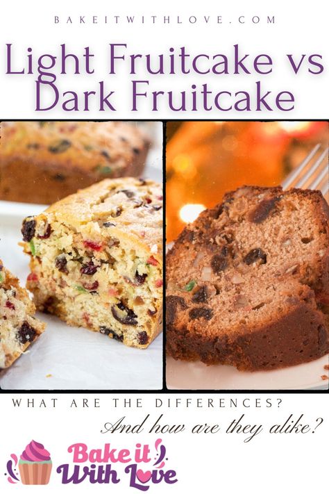 Light fruitcake vs dark fruitcake pin in a side by side comparison of the two types of this popular holiday dessert. Best Fruitcake, Baking Decor, Fruit Cake Christmas, Fruitcake Recipes, Salisbury Steak, Christmas Cooking, How To Make Homemade, Salisbury, Fruit Cake