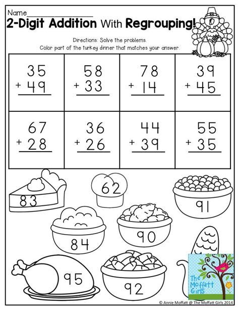 4 Free Math Worksheets Second Grade 2 Addition Adding Addition With Regrouping Worksheets, Addition Coloring Worksheet, Thanksgiving Addition, Two Digit Addition, Regrouping Addition, Addition With Regrouping, Double Digit Addition, Math Addition Worksheets, Addition And Subtraction Worksheets