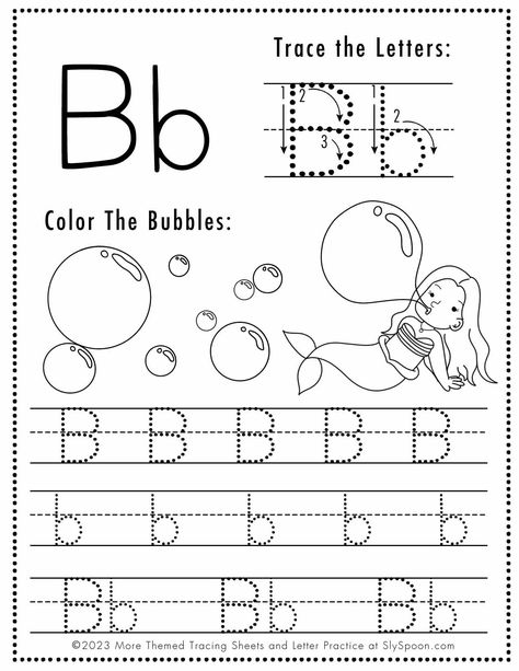 Free Letter B Tracing Worksheet with Mermaid and Bubble art Make learning fun with these adorable Mermaid themed printable letter tracing sheets! Perfect for preschoolers wanting to get a head start on the basics. These sheets offer tracing practice and help with the formation of upper and lowercase letters. Download the sheets for free at slyspoon.com and follow me for more educational ABC resources and activities. B Tracing Worksheet, Letter B Tracing, Preschool Letter B, Letter B Activities, Tracing Letters Preschool, Letter B Worksheets, Pre K Worksheets, Letter Recognition Worksheets, Homeschool Preschool Activities