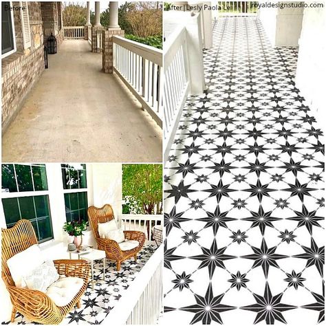 Pretty Patios, Stenciled Concrete Floor, Stencil Concrete, Concrete Paint, Porch Paint, Royal Design Studio Stencil, Porch Life, Cement Patio, Star Tile