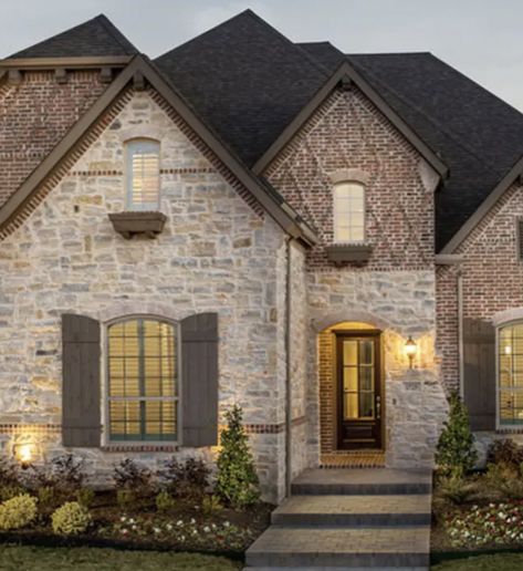 Brick And Limestone Exterior, Brick And Stone House, Brick And Stone Exterior Combinations, French Country Front Door, Cottage Home Exterior, Exterior Cottage, Limestone House, Hardie Board, Stone Exterior Houses