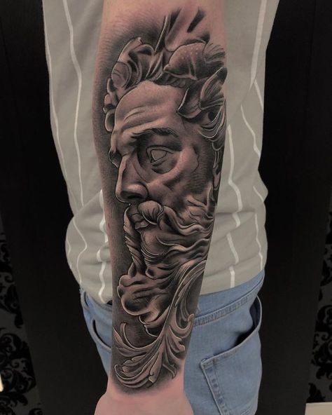 Half Sleeve Tattoos Polynesian, Ian Thompson, Half Sleeve Tattoo Ideas, Poseidon Tattoo, Zeus Tattoo, Cool Half Sleeve Tattoos, Trending Tattoos, Sleeve Tattoo Ideas, Greek Mythology Tattoos