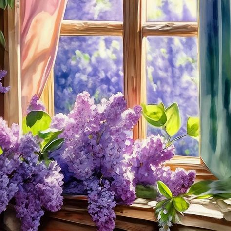 Flieder Window View, Window Sill, Mini Art, Painting Art, Flower Art, Lilac, Canvas Painting, Art Painting, Paintings