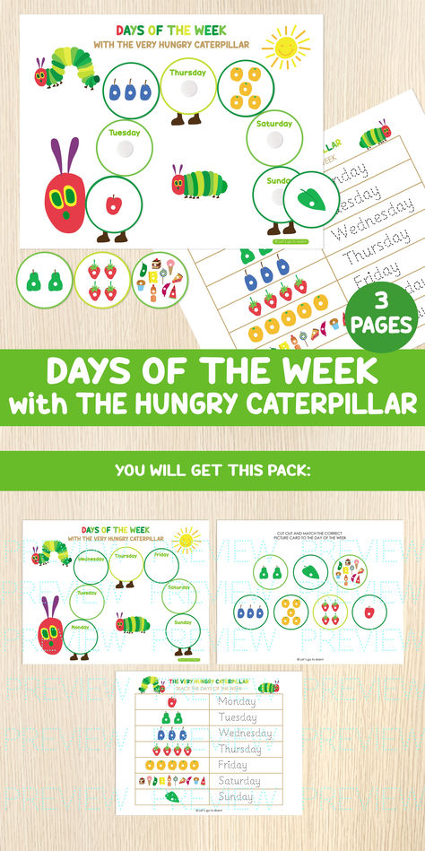 Delight your young learners with this lovely activity set inspired by the popular children's book 'The Very Hungry Caterpillar' by Eric Carle. #theveryhungrycaterpillar #hungrycaterpillar #hungrycaterpillaractivities #hungrycaterpillarworksheets #daysoftheweekforkids #daysoftheweek #educationalprintables #matchingactivities #tracingpractice #prewriting #preschoolcenters #preschoolresources #kindergartenresources #sequencingforkids #worksheetsforkids #teachingmaterials #homeschoolresources Hungry Caterpillar Lesson Plan Preschool, The Very Hungry Catapillar Activities, Tracing Practice Preschool, The Very Hungry Caterpillar Story Retell, Very Hungry Caterpillar Sequencing, Book Pages Printable, Busy Book Pages, Caterpillar Activities, The Very Hungry Caterpillar Activities