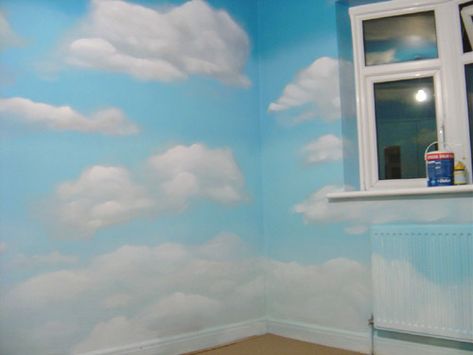 Cloud wall mural. Perfect for kid's bedroom. Could include clouds with a sunshine & rainbows theme, airplane theme, bird theme, etc. Blue Wall With Clouds, Painted Clouds On Walls, Clouds Wall Mural, Disney Wall Murals, Childrens Wall Murals, Print Bed, Small Kids Room, Purple Curtains, Airplane Theme