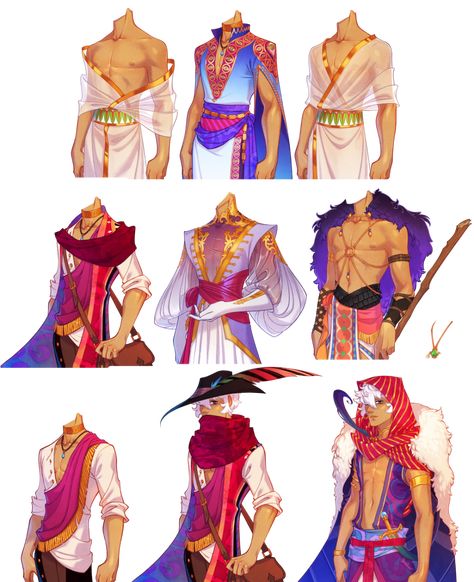 Asra costumes from The Arcana game. Draw Men, Desert Outfit, Egyptian Clothing, Anime Egyptian, The Arcana, Art Outfits, Arte Fantasy, Drawing Clothes, Fantasy Clothing