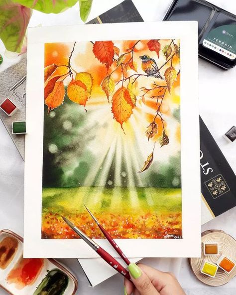 🌸 Dyutisnata 🌸 on Instagram: "Fall breeze, Autumn leaves🍂 . . . I have never really experienced fall season, but I have loved seeing it over movies and internet. Painting fall vibes was really so amazing🍁 . . I have used @artphilosophyco Terrain set and watercolor inks.. Terrain is my go to palette for fall theme paintings, my favourite shade from that palette is 'Maple' . . . Come and join us with @artphilosophyco in our 'Hello fall' event🍁🍁 . . Get these paint set with a 15% discount by Akansha Singh, Watercolor Ar, Gouache Ideas, Art Elementary, Basic Painting, Interior Architecture Drawing, Space Painting, Halloween Artwork, Desert Painting