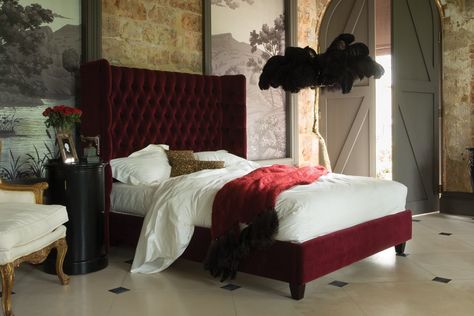 The "Emilia Wing" burgundy red velvet head board and frame by And So To Bed UK Red Bed Frame Room Ideas, Red Velvet Bed, Burgundy Bed, Red Beds, Red Upholstered Bed, Burgundy Velvet Bed, Red Velvet Headboard, Dark Red Bed Curtain, Bed Mattress Sizes