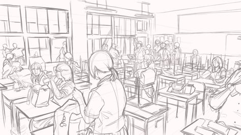 Japanese Classroom Anime, Japanese Classroom Reference, Manga Classroom Background, Japanese Classroom Background, Classroom Drawing Anime, Classroom Perspective Drawing, Classroom Drawing Reference, Classroom Drawing Sketch, Classroom Reference Drawing