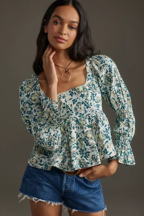 Pilcro Long-Sleeve Babydoll Top | Anthropologie UK Wardrobe List, Fitted Jeans, Blouses Women, Babydoll Blouse, Italian Outfits, Cotton Pullover, Holy Grail, Babydoll Top, Boho Blouses