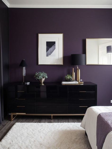 Create a striking focal point in your bedroom with a deep purple accent wall. Complete the look with sleek black furniture and metallic accents for a modern and luxurious feel. Deep Purple Accent Wall, Purple And Black Bedroom Ideas, Purple Accent Wall Bedroom, Purple And Black Bedroom, Deep Purple Bedroom, Purple Bedroom Walls, Black Room Ideas, Purple Accent Wall, Purple Interior Design