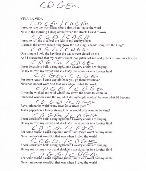 Viva La Vida (Coldplay) Guitar Chord Chart Yellow Coldplay Guitar Chords, Say You Wont Let Go Chords, Cord Progressions Ukulele, Guitar Teaching, Say You Won’t Let Go Chords, C#m Guitar Chord, Ukulele Chords Songs, Guitar Notes, Guitar Chords And Lyrics