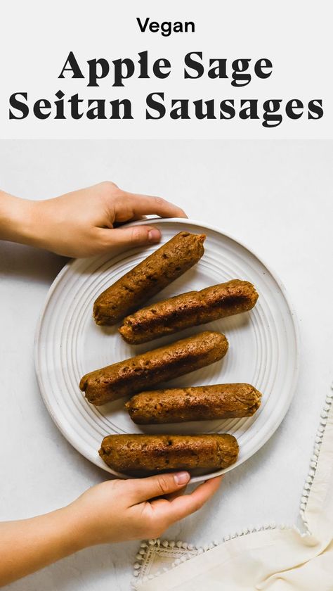 These vegan seitan sausages are smoky, subtly sweet, and super meaty. With 28.9 grams of protein per serving, these sausages are perfect for a hearty dinner. Serve these vegan sausages on a bun with your favorite toppings, cut them up to use in a dish, or eat them on their own. #seitan #seitanrecipes #seitansausage #vegansausage #vegetariansausage #highproteinveganrecipes #highprotein #veganprotein #easyseitanrecipes Sage Sausage Recipes, Apple Sage Sausage, Seitan Sausage, Easy Seitan Recipe, Wfpb Breakfast, Vegan Seitan, Vegan Meat Recipe, Food Alternatives, Best Vegan Cheese