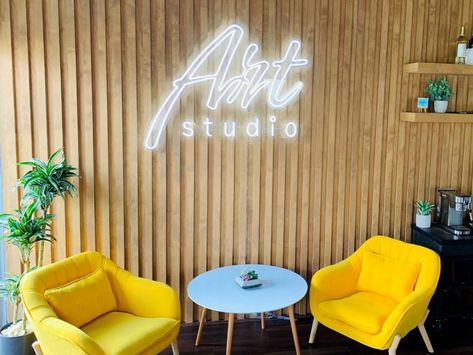 Slat Wall With Neon Sign, Neon Signs Business, Neon Light Signage, Wood Neon Sign, Neon Accent Wall, Accent Wall With Neon Sign, Neon Business Sign, Neon Sign On Wood, Neon Sign Office