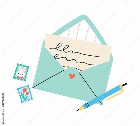 Download Open envelope with a handwritten letter inside. Vector illustration of a love letter, postage stamps and a pen in modern flat style. Stock Vector and explore similar vectors at Adobe Stock. Love Letters Illustration, Letter Illustration Envelope, Envelope Graphic Design, Love Letter Illustration, Mail Illustration, Envelope Logo, Envelope Illustration, Open Envelope, Digital Illustration Tutorial