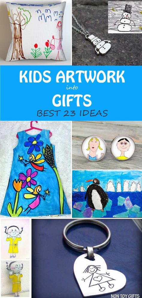 23 ways to turn kids' artwork into gifts. The best gifts you can make for Christmas, Mother's Day, Father's Day, grandparents or family members' birthdays. | at Non-Toy GIfts Sentimental Crafts For Kids, Gifts For Kids To Make For Grandparents, Gifts For Children To Make For Parents, Kid Gifts For Parents, Gift Ideas For Grandparents From Kids, Diy Gift From Kids, Kids Diy Gifts For Grandparents, Gifts Kids Can Make For Parents, Christmas Gifts For Kids To Make Parents