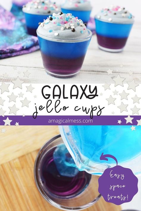 Purple and blue layered jello with gray whipped topping and galaxy sprinkles for a space-themed treat. Get creative with Jello to bring out the smiles and far out fun. #space #layeredessert #galaxytreats Outspace Birthday Cake, Diy Outerspace Decor, Space Themed Meals, Galaxy Jello, Space Popcorn, Space Party Food, Space Snacks, Stellar Vbs, Galaxy Desserts