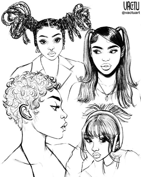 VactuART on Instagram: “Some new sketches ✨ I need some new music suggestions, what’s your fav song right now? 🤔💕 __ ‼️✨SAVE and SHARE✨‼️#viral #explorepage…” Front Hair Styles Drawing, Black Women Hair Drawing, Drawing Hair Short, Hair Styles Drawing Girl, Black Women Sketch, Black Hair Sketch, Black Hair Styles Drawing, Sketches Hairstyles, How To Draw Black Hair