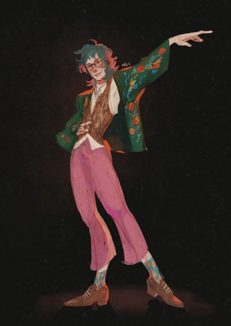 Searching Reference Pose, Glam Rock Character Design, Maximalist Character Design, Eccentric Character Design, 70s Character Design, Flamboyant Pose, Singer Character Design, Hippie Character Design, Nonbinary Character Art