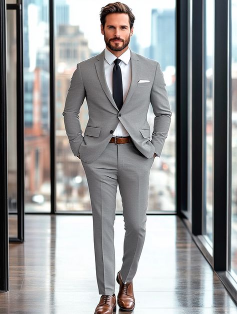 Sophistication meets simplicity in our tailored light gray suits. Visit our website to upgrade your wardrobe.   #ModernGent #TailoredStyle #menstylepage #fashion #mensfashiontips #mensclothing #menaboutfashion #bespokesuit #bespoke #dapper #ootdmenstyle #mensstreetstyle Ash Grey Suit Men, Light Gray Blazer Outfit Mens, Grey Suit Men Outfit, Men Gray Suit Outfit, Light Grey Tuxedo Wedding, Charcoal Suit Men, Gray Suits For Men Wedding, Gray Blazer Outfit Mens, Suit And Tie Combinations