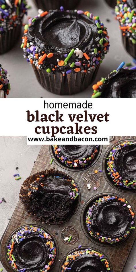 Black Velvet Cupcakes Recipe, Halloween Red Velvet Cupcakes, Halloween Cupcakes Recipes, Red Velvet Halloween Cupcakes, Vampire Cupcakes, Black Velvet Cupcakes, Black Velvet Cake, Red Velvet Muffins, Black Velvet Cakes