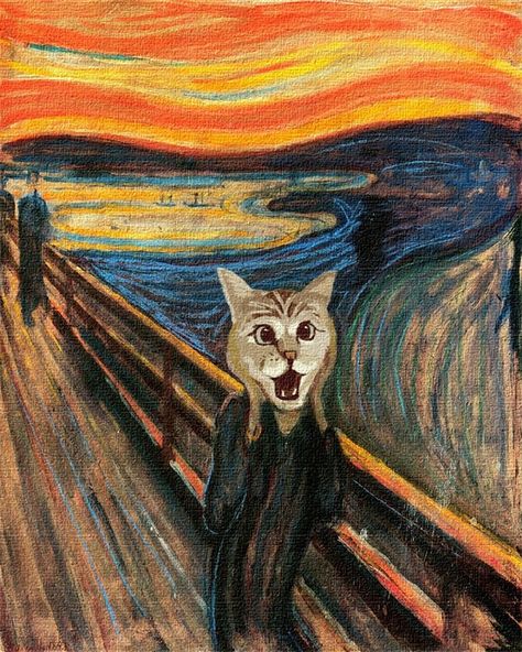 Wide Leg Overalls, Streetwear Cargo Pants, The Scream, Art Parody, Famous Artwork, Cats Illustration, Famous Art, Human Art, Cat Painting