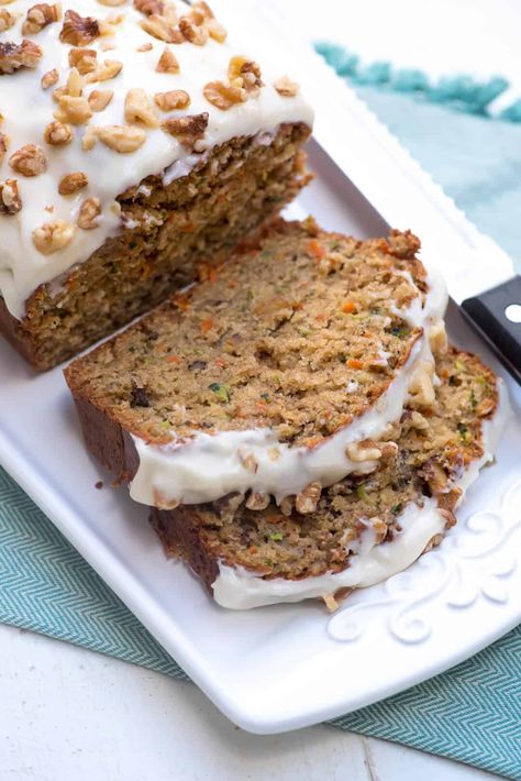 Warm spices and a touch of pure maple syrup make this rustic loaf of Carrot Zucchini Bread with Cream Cheese Walnut Frosting irresistibly good! #zucchinibread #carrots #zucchini #quickbreadrecipes #quickbread #springrecipes #easterrecipes #carrotbread Zucchini Bread With Cream Cheese, Carrot Zucchini Bread, Colcannon Potatoes, Irish Colcannon, Carrot Bread Recipe, Bread With Cream Cheese, Zucchini Loaf, Best Zucchini Recipes, Carrot Zucchini