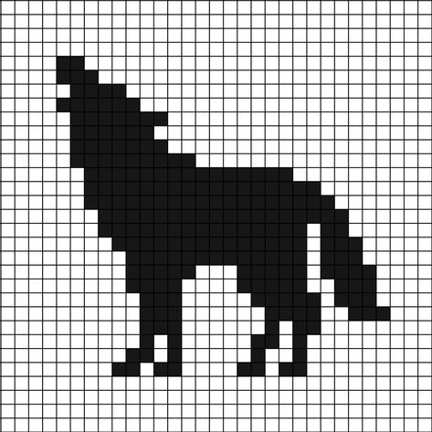 A pixel art template (black on white) silhouette of a wolf howling, whilst standing up. Wolf Perler Bead Patterns, Pixel Silhouette, Dog Alpha Pattern, Wolf Pixel Art, Pixel Art Black And White, Pixel Art Facil, Pixel Art Dog, Crochet Wolf, Creative Knitting