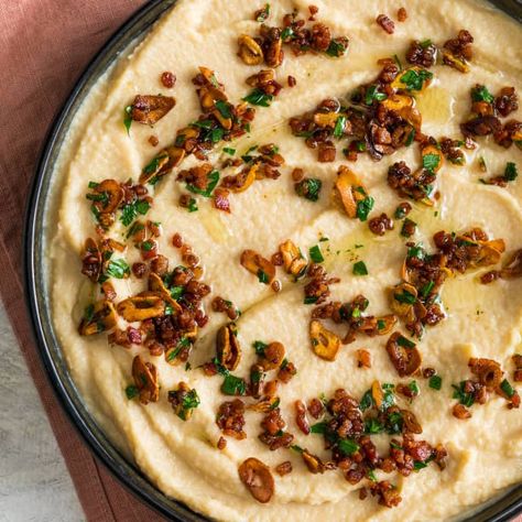 Celery Root Puree with Bacon, Garlic, and Parsley Topping | Cook's Illustrated Mashed Celery Root Recipe, Fresh Parsley Recipes, Gd Recipes, Celery Root Puree, Cooks Illustrated Recipes, Fried Bacon, Veggie Side Dish Recipes, Donut Toppings, Illustrated Recipe