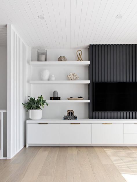 Living Room Wall Units, Living Room Built Ins, Living Room Tv Unit, White Cabinetry, Living Room Tv Wall, Black Wall, Living Room Inspo, A Living Room, Lounge Room